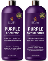 INFINA ESSENTIALS Purple Shampoo bottle pouring to reduce brassiness in blonde and gray hair.