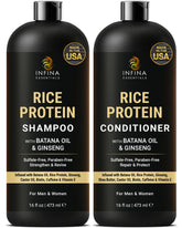 INFINA ESSENTIALS rice protein shampoo bottle closeup supports gentle cleansing and root strength