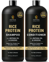 INFINA ESSENTIALS rice protein shampoo bottle closeup supports gentle cleansing and root strength