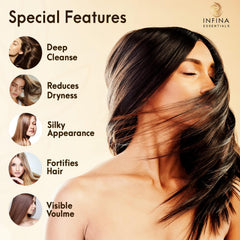 INFINA ESSENTIALS Shampoo and Conditioner duo on shelf, convenient for daily routine.