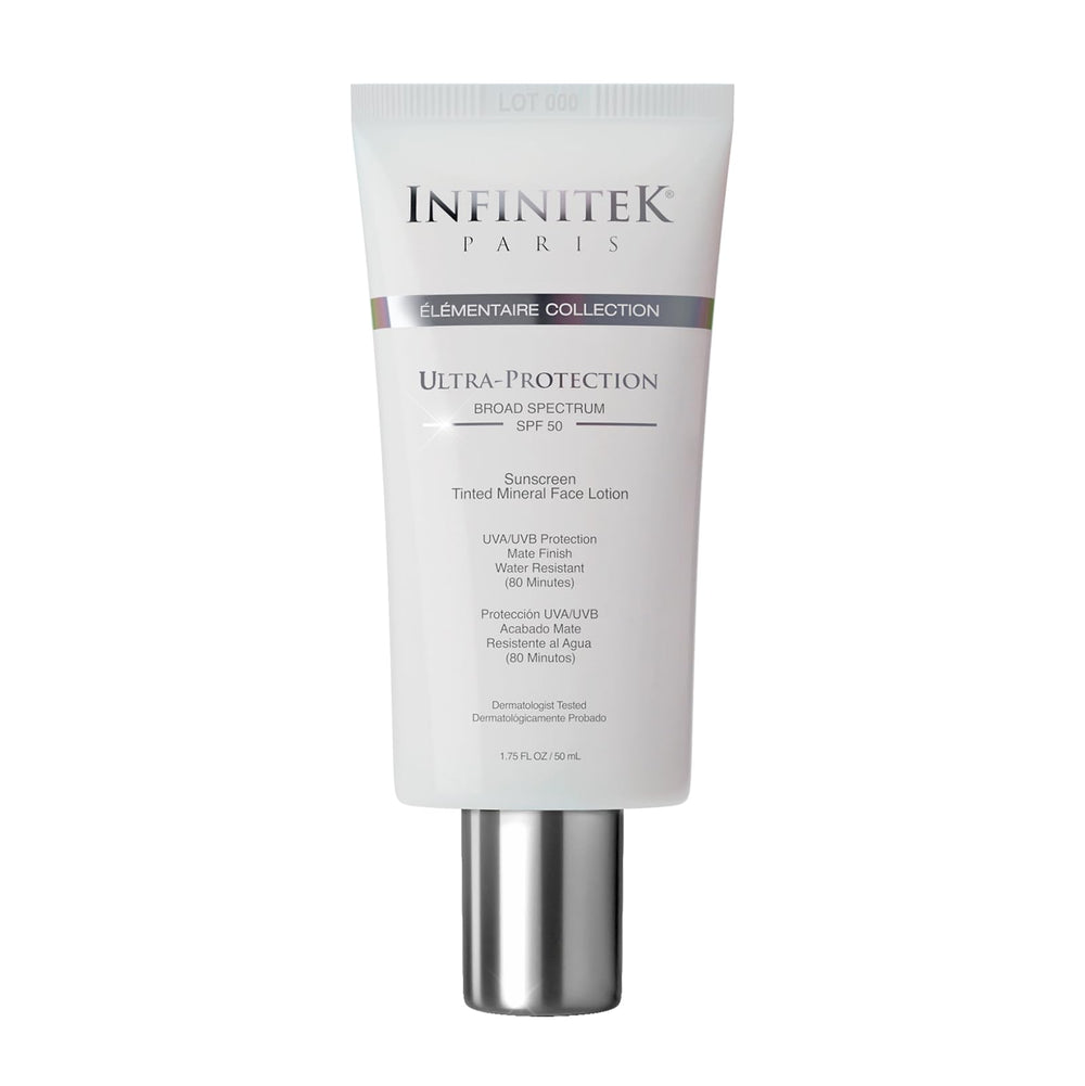 Infinitek Paris tinted mineral sunscreen bottle front showing universal tint blending with skin tones