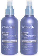 Infusion K heat protectant bottle front showing shine protection for styled hair