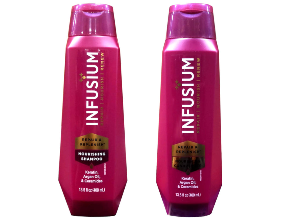 Infusium Moisturize & Replenish shampoo bottle shows hydrating wash.