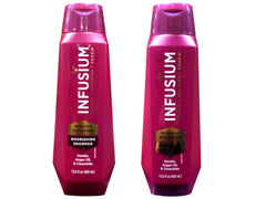 Infusium Moisturize & Replenish shampoo bottle shows hydrating wash.