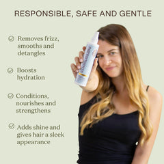 Ingreendients Detangler on wet hair improves detangling and reduces frizz during styling.