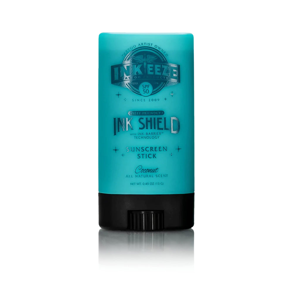 INK-EEZE Tattoo Sunscreen Stick front view with clear application protecting tattoos