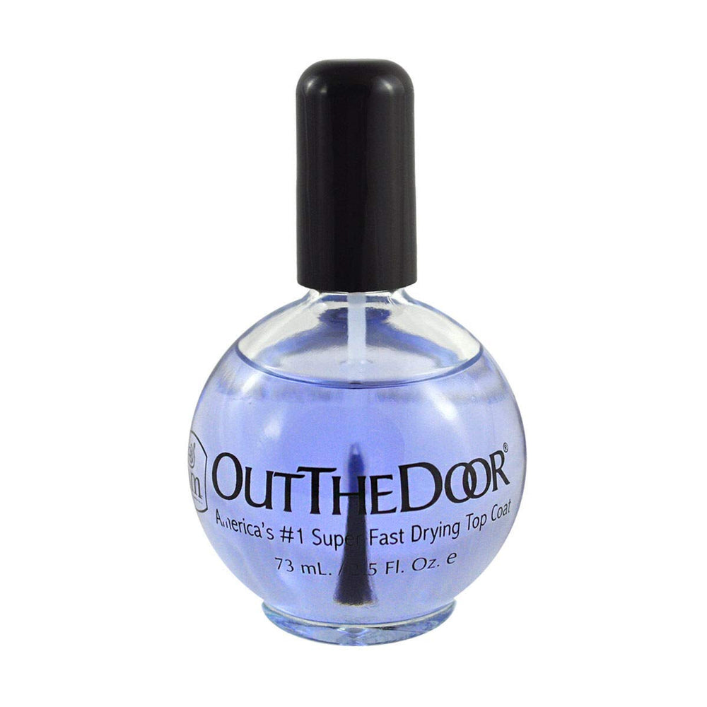 INM Out the Door Top Coat bottle closeup, fast-drying sealant for glossy manicures.