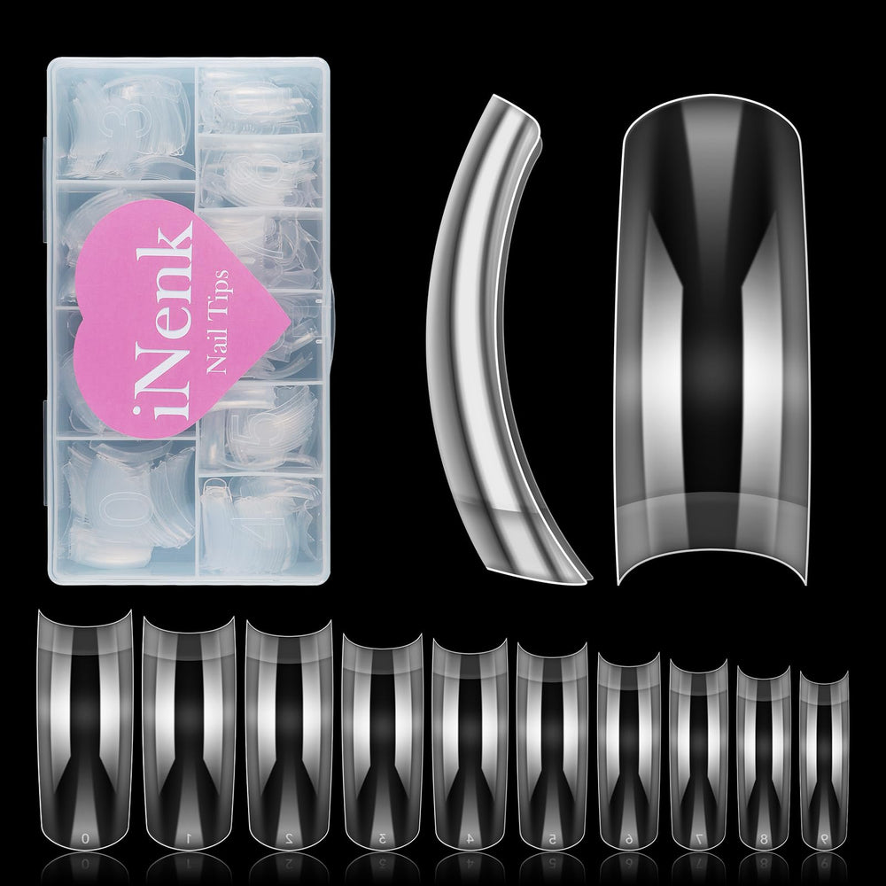 INENK Clear Tapered Square C-Curved Nail Tips close-up for natural acrylic look.