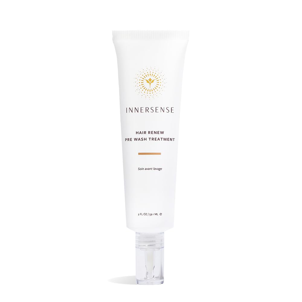 INNERSENSE Hair Renew Pre-Wash Treatment bottle showcases clean scalp care before washing.