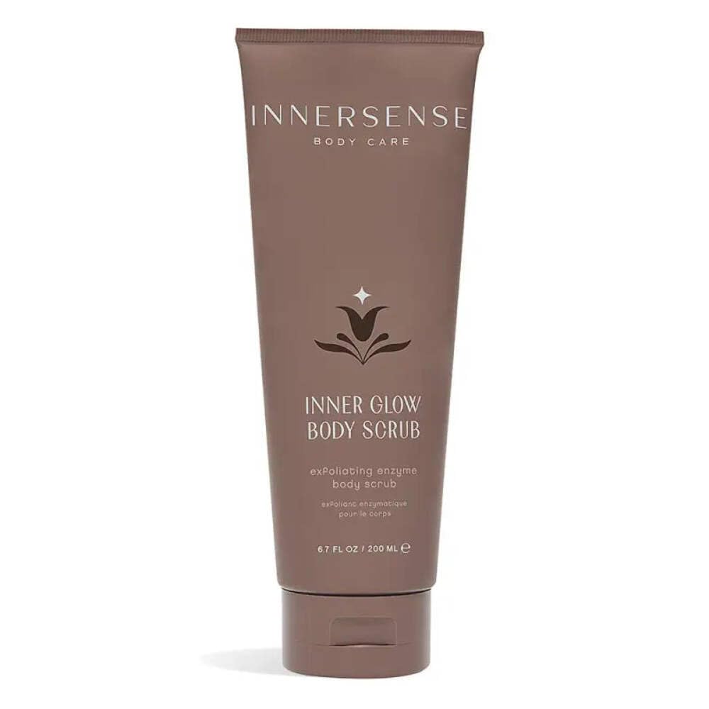 INNERSENSE Inner Glow Body Scrub jar with silky gel for smoother skin.