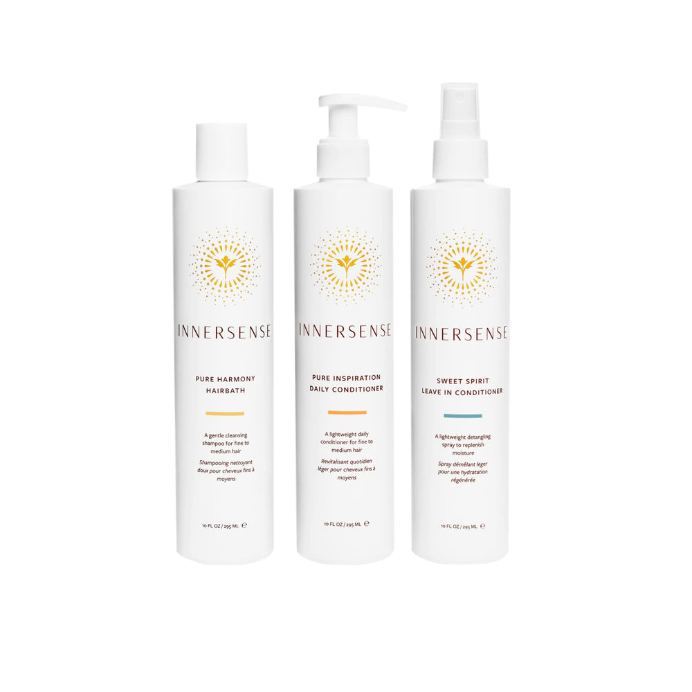 INNERSENSE Pure Harmony Trio haircare set bottle, color-safe cleansing for fine to medium hair