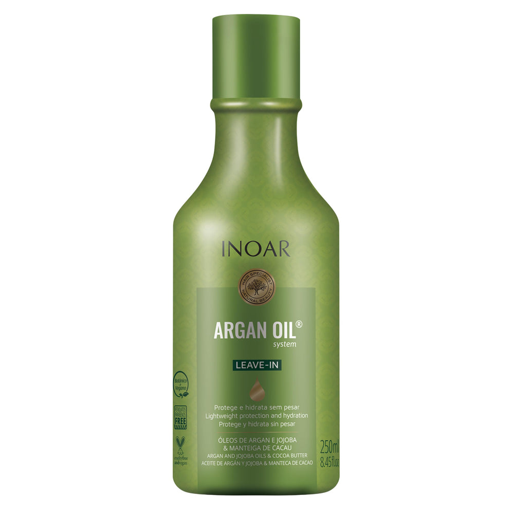 INOAR Argan Oil Leave-In Treatment bottle close-up highlighting protection
