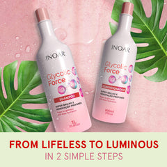 INOAR Glycolic Force bundle shampoo lather closeup highlights rich cleansing foam.
