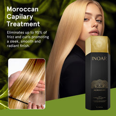 INOAR Moroccan Step 2 application demonstrating smoothing action for sleek, manageable hair.