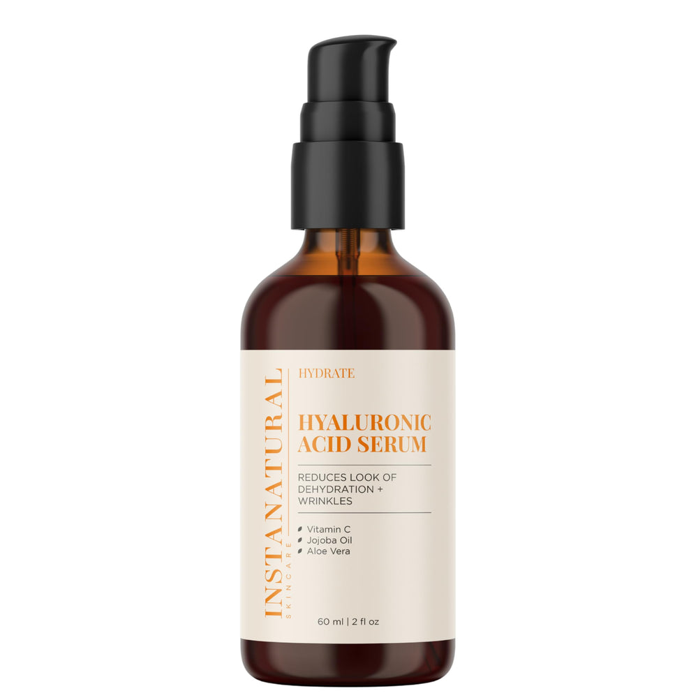 InstaNatural Hyaluronic Acid Serum bottle on a clean surface for radiant hydration