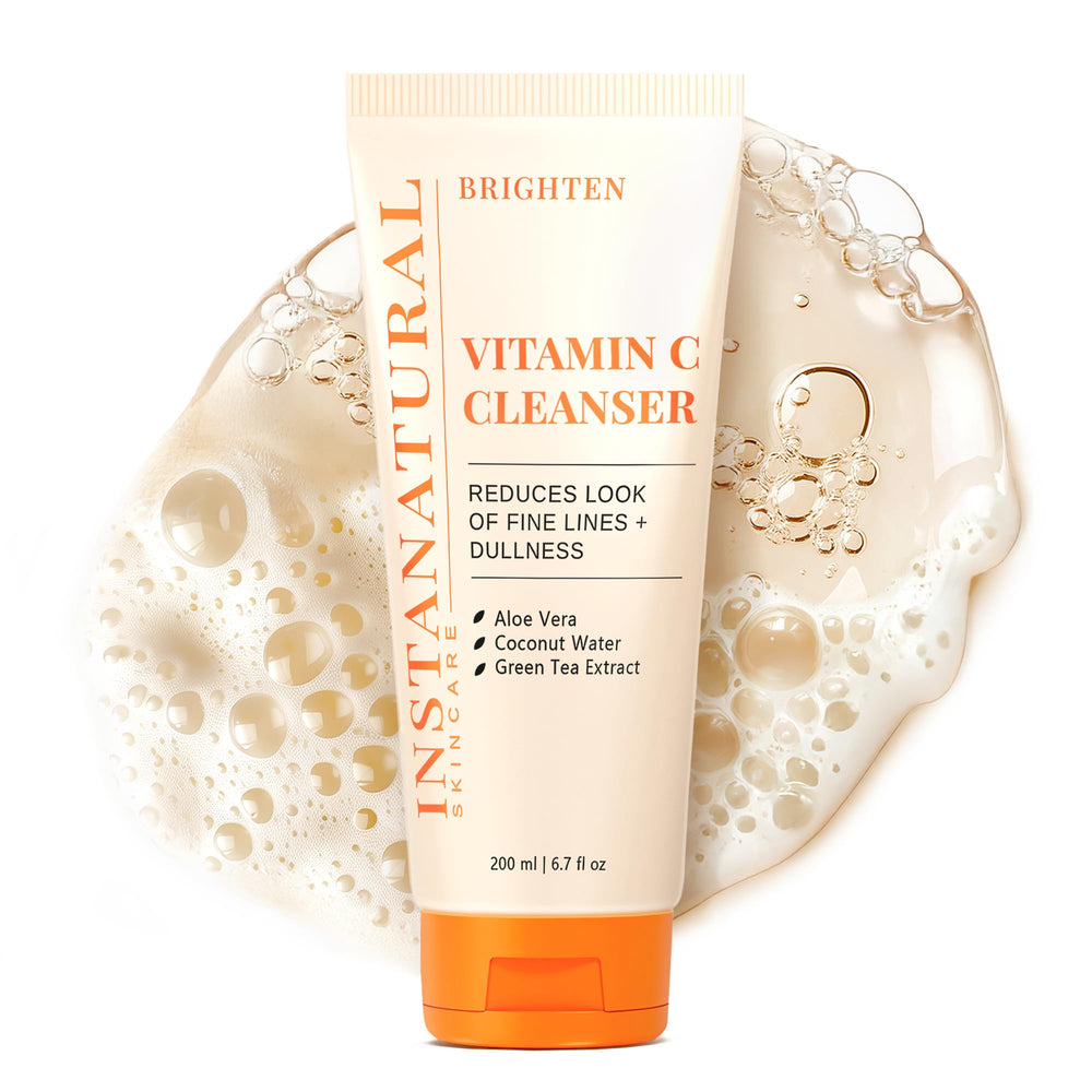 InstaNatural Vitamin C Cleanser bottle front shows a bright, refreshed complexion possible results.