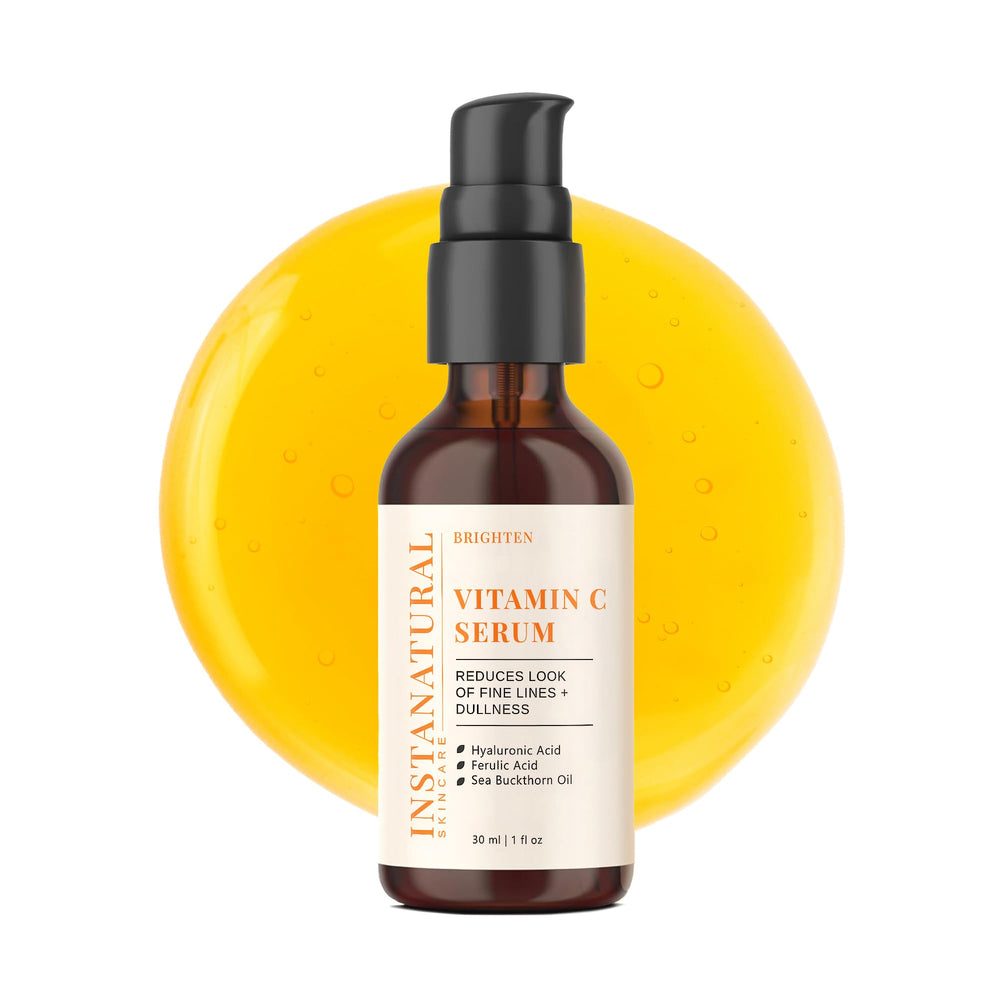 InstaNatural Vitamin C Serum bottle with pump demonstrates brightening benefits.