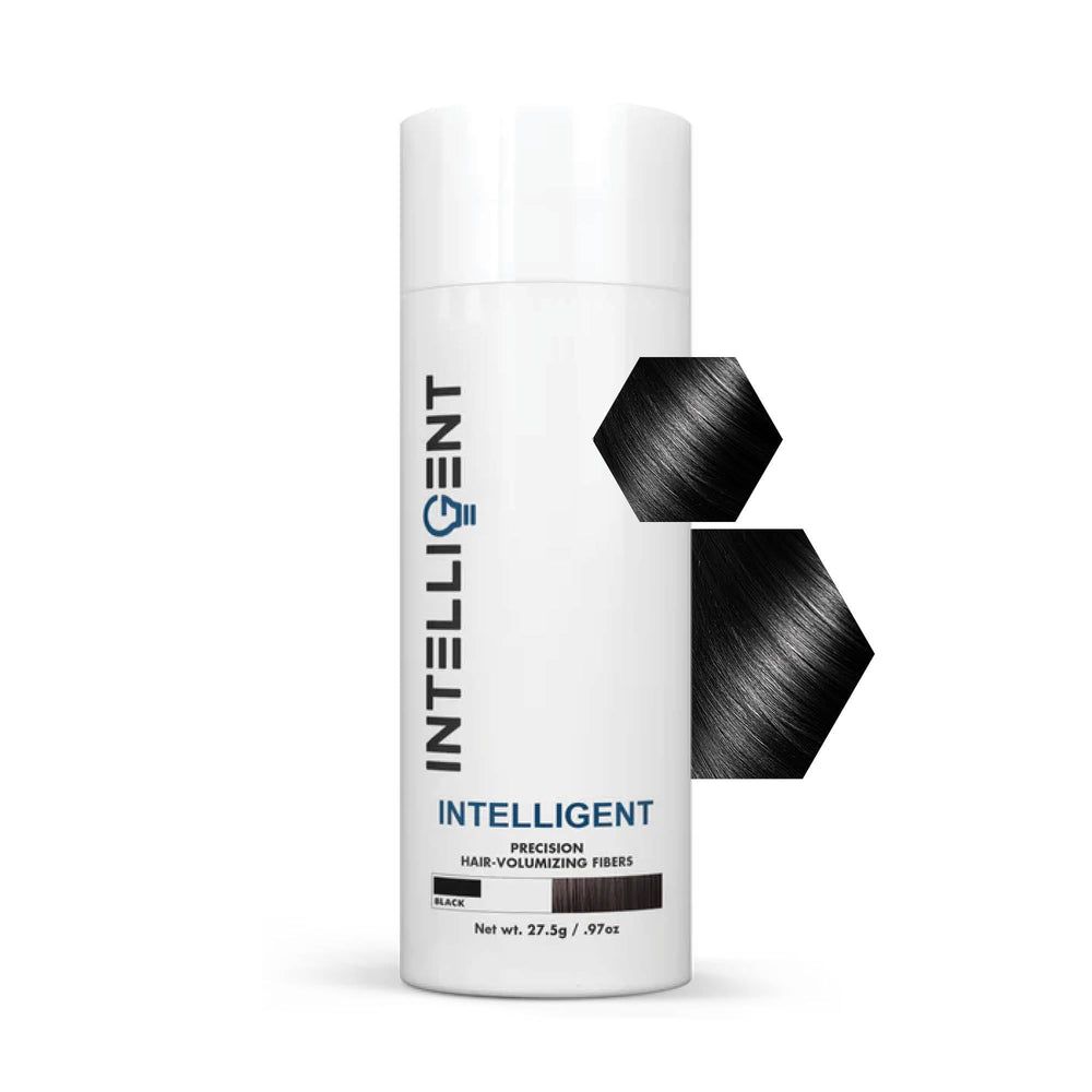 Intelligent Shop Hair Fibers Black bottle close-up showing natural coverage and quick application.
