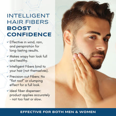 Intelligent Shop hair-fibers closeup shows keratin binding for a seamless blend.