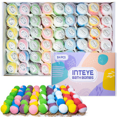INTEYE 54-piece bath bombs gift set in kraft packaging for gifting and self-care.