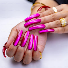 IntoVibes metallic plum long nails with glossy finish for statement style.