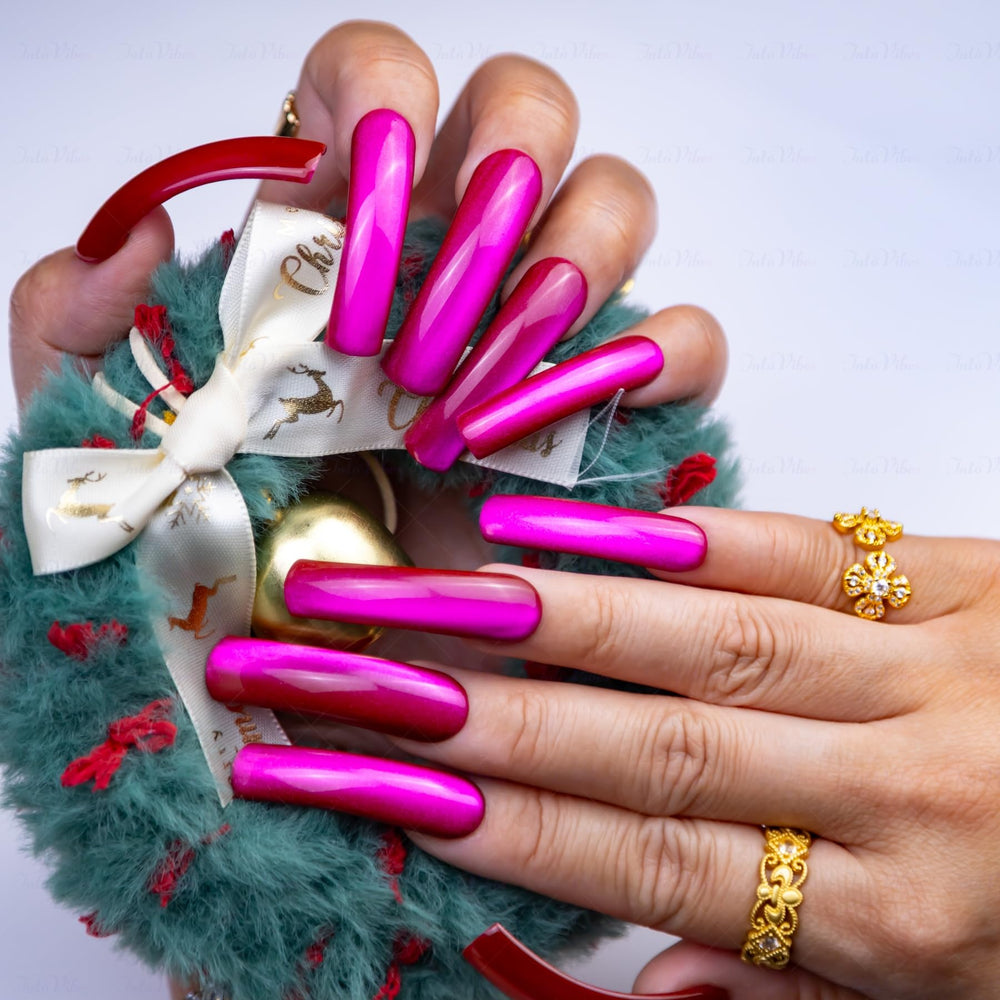 IntoVibes Purple Shimmer XL nails with curved down groove for a natural, salon-quality look.