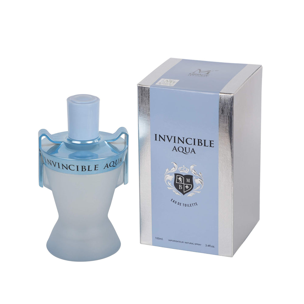 Invincible Aqua bottle close-up by Mirage Brands, ideal for daily wear and confident presence.