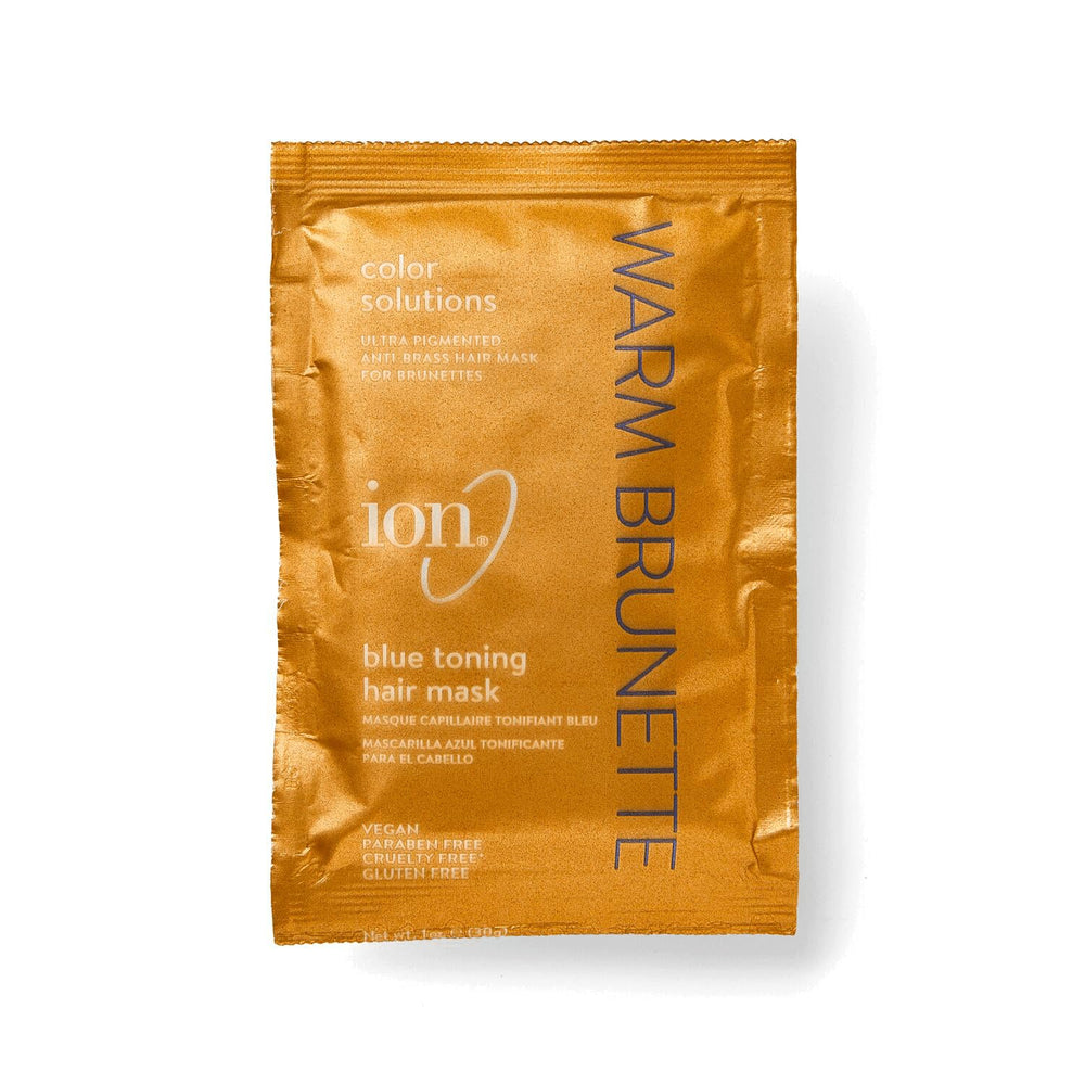 Ion Brunette Blue Toning Mask jar highlighting anti-brass for brunette hair.