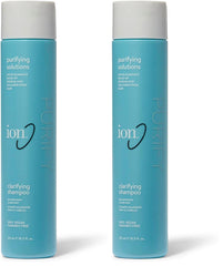 Ion Clarifying Shampoo bottle demonstrates cleansing power to remove buildup safely.