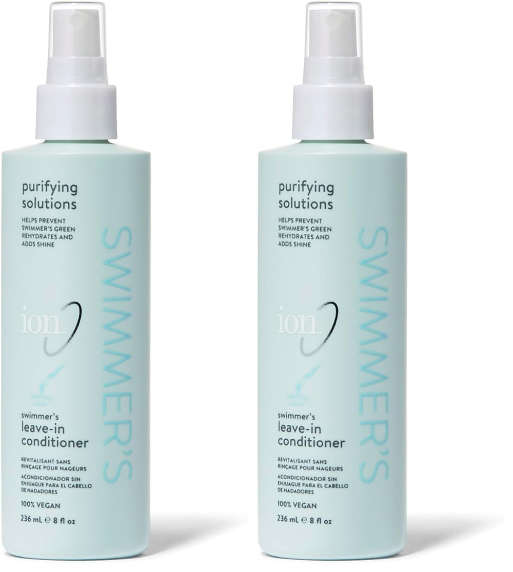 Ion Swimmers Leave-in Conditioner bottle demonstrates sun and water protection for hair.