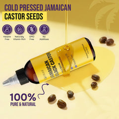IQNATURAL Jamaican Black Castor Oil bottle pour over hair strands for nourishment