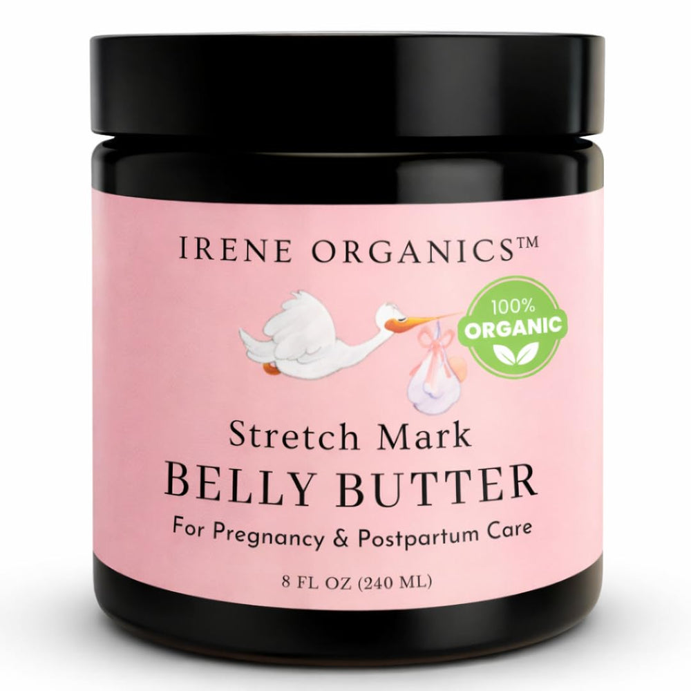 Irene Organics Belly Butter jar front view for fragrance-free pregnancy skin hydration