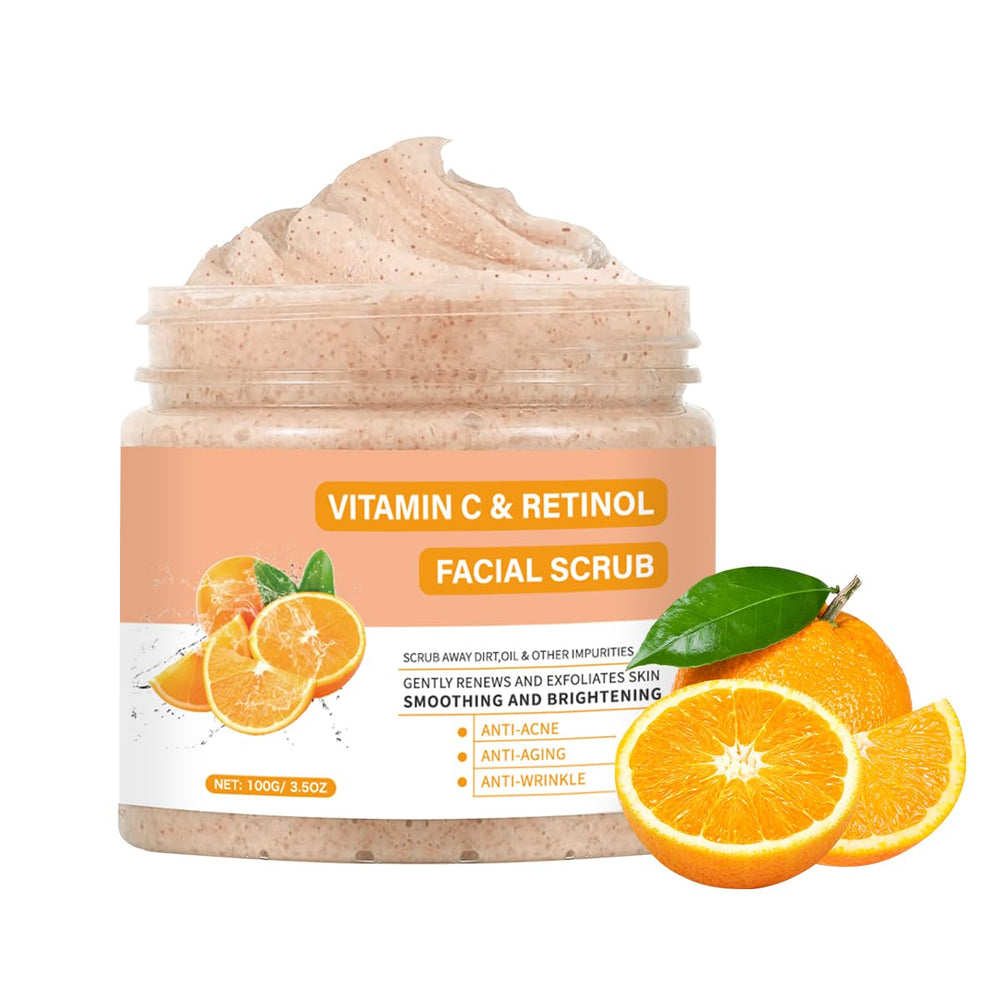 IREV Vitamin C Face Scrub bottle close-up highlighting brightening benefits.