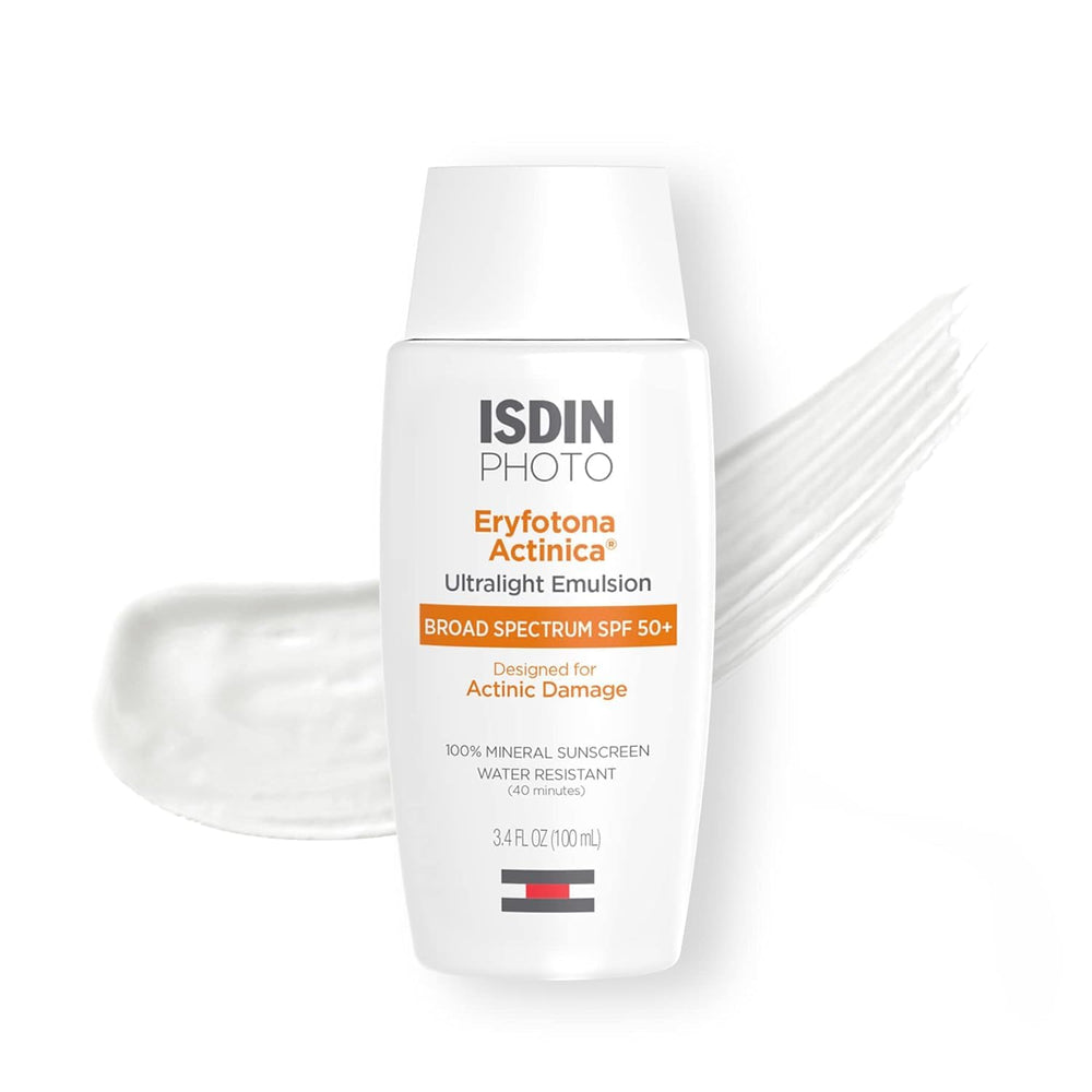 ISDIN Eryfotona Actinica bottle shown for daily mineral SPF 50+ face protection