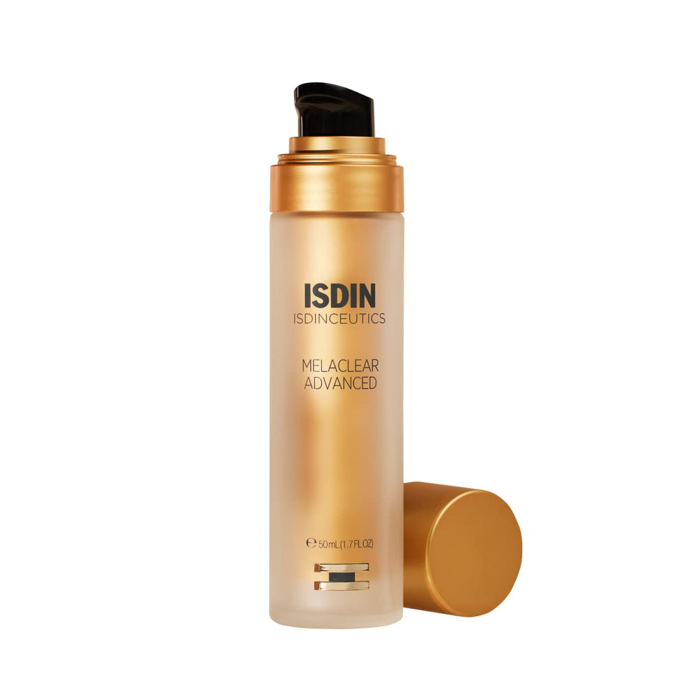 ISDIN Melaclear Advanced bottle close-up showing pigment-correcting formula