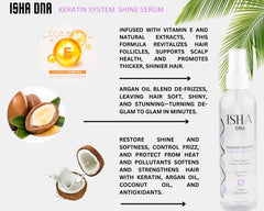 ISHA DNA Keratin Shine Serum Drops on wet hair before styling for manageability