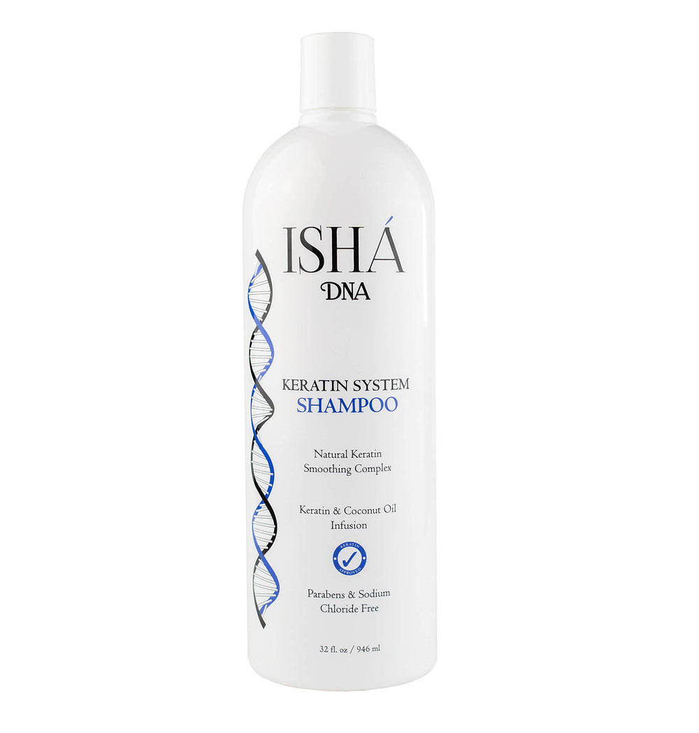 ISHA DNA Keratin System Shampoo bottle with coconut oil for hydration and frizz control