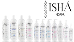 ISHA DNA Keratin System Shampoo on vanity showing volume-boosting impact