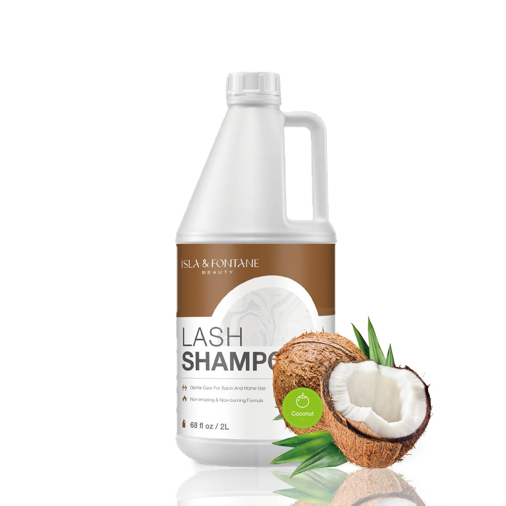 Isla and Fontane Lash Shampoo bottle front view showing coconut-based gentle cleansing for lash extensions.