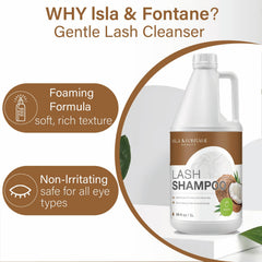 Close-up of Isla and Fontane Lash Shampoo foam for rich, easy cleansing.