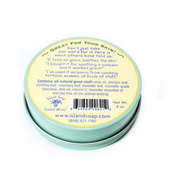 Island Soap & Candle Works Surfer's Salve ingredients label closeup emphasizing natural plant-based formula