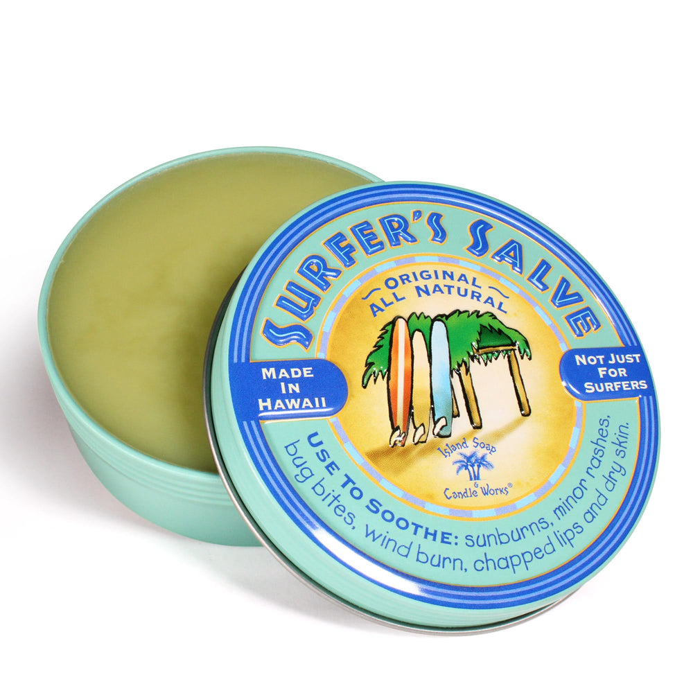 Island Soap & Candle Works Surfer's Salve tin front view for soothing, multipurpose skin relief