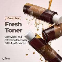 ISNTREE Green Tea Fresh Toner label closeup highlighting green tea ingredients.