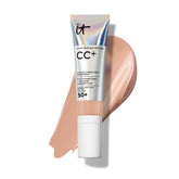 IT Cosmetics CC+ Cream Medium Cool bottle close-up highlights hydrating, full-coverage formula.
