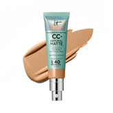 IT Cosmetics CC+ Natural Matte Tan Warm bottle close-up highlighting oil-control formula