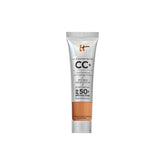 IT Cosmetics CC+ Cream Travel Tan bottle shows all-in-one coverage with SPF 50+.