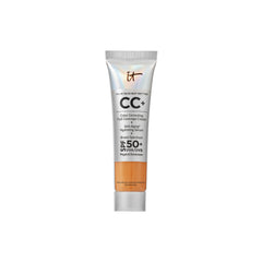 IT Cosmetics CC+ Cream Travel Tan Rich bottle displays SPF 50+ protection and full coverage.