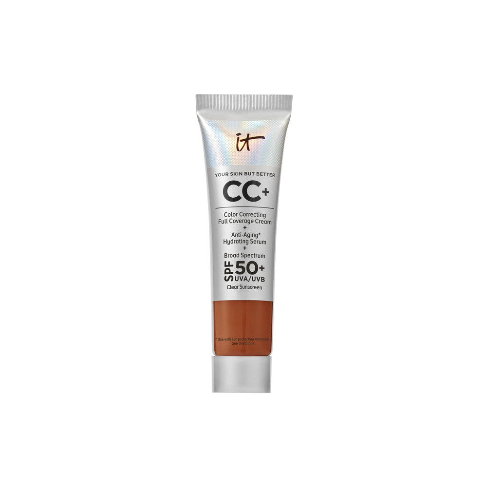 IT Cosmetics CC+ Travel Deep bottle pour showing spill-free dispensing for on-the-go coverage