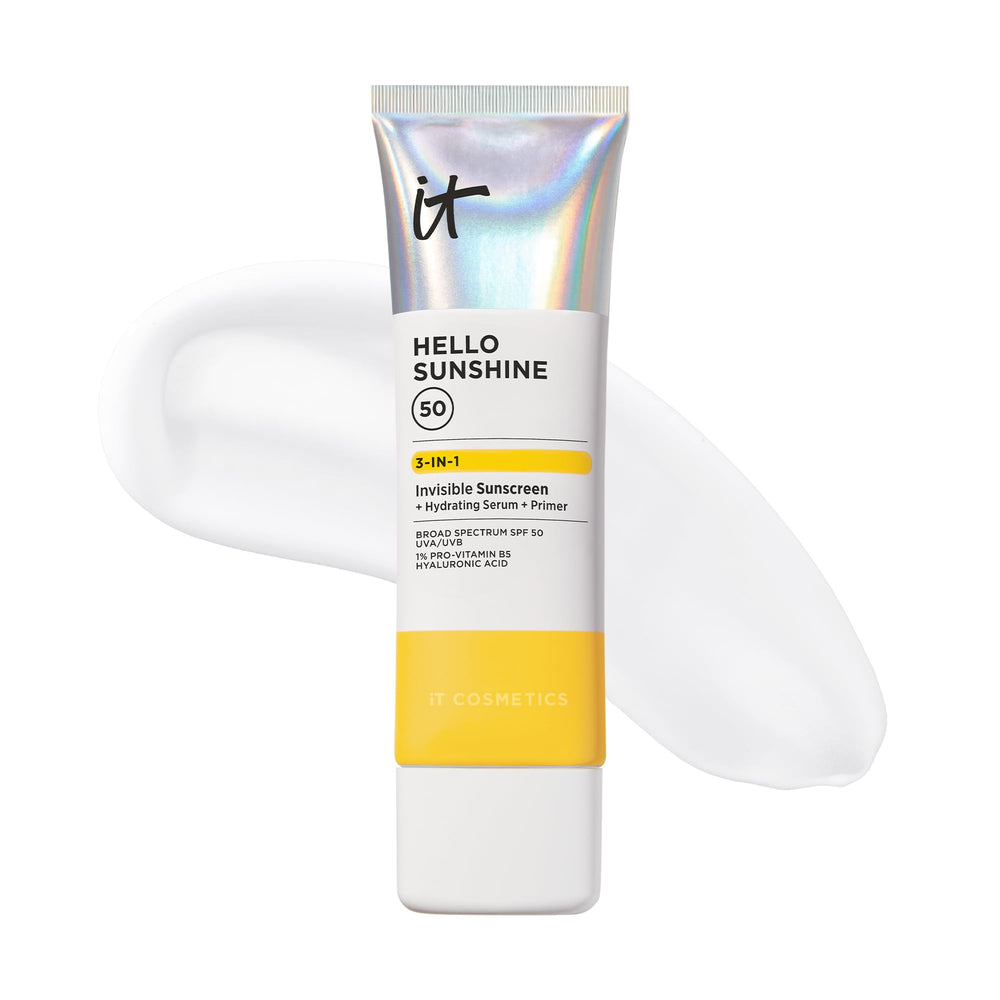 IT Cosmetics Hello Sunshine bottle front view with clear SPF 50 protection.