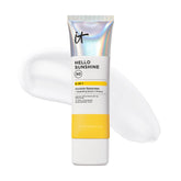 IT Cosmetics Hello Sunshine bottle front view with clear SPF 50 protection.